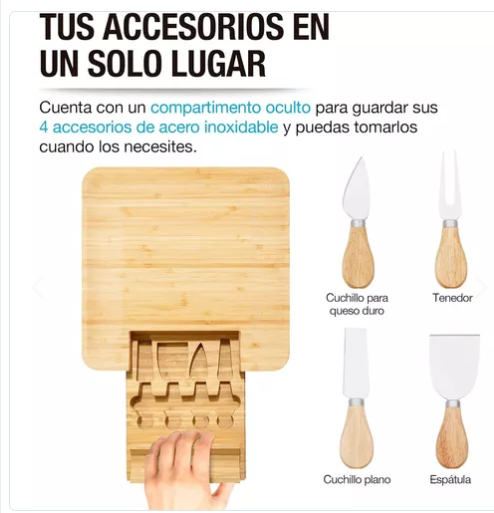 Tabla Para Quesos De Madera Bambú + 4 ac
